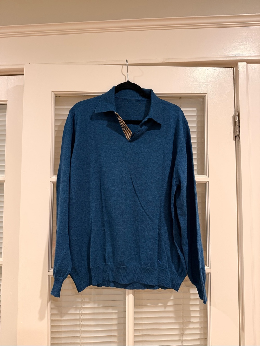 Burberry Teal Blue V-Neck Collared Sweater